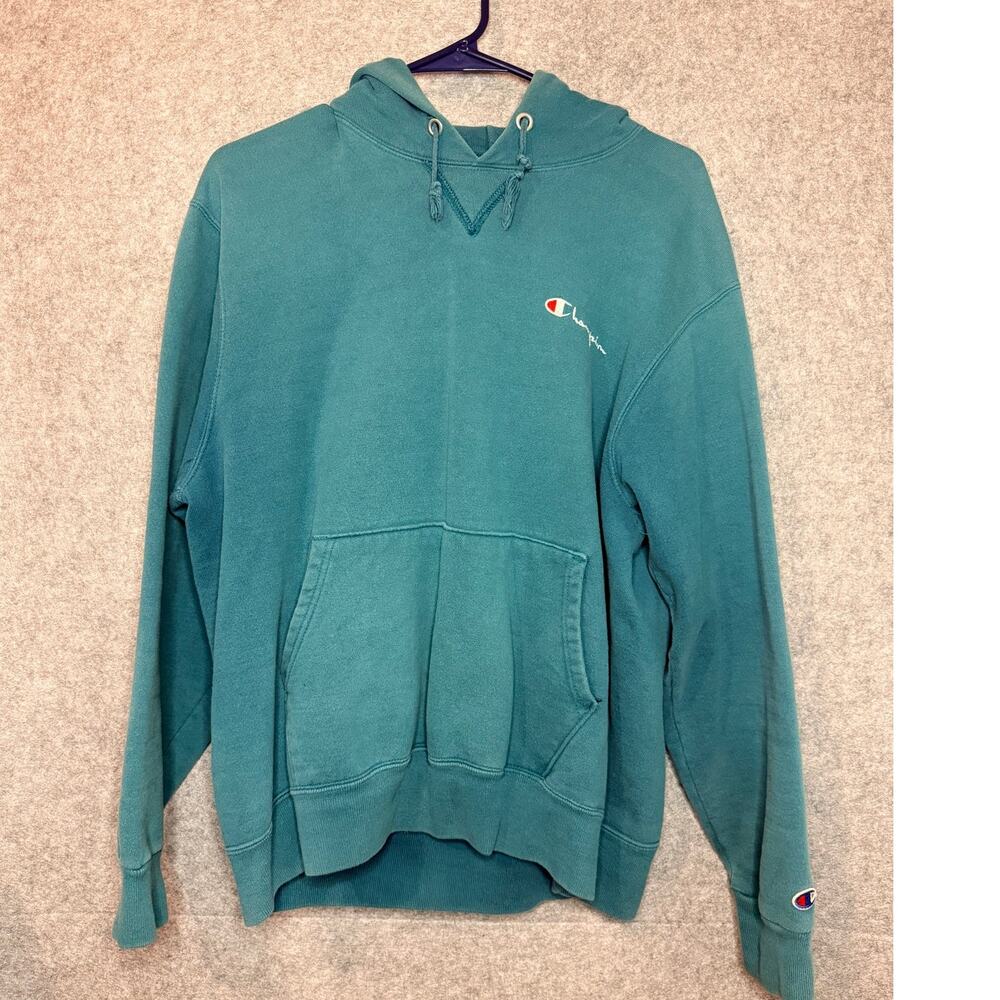 Vintage 90s Champion Hoodie XL Made In USA Blue Tag Teal Turquoise Sweatshirt